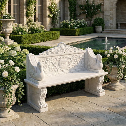 White Marble Swan Bench  L70.9*H50.4*W23.6 Inches  Ge21442