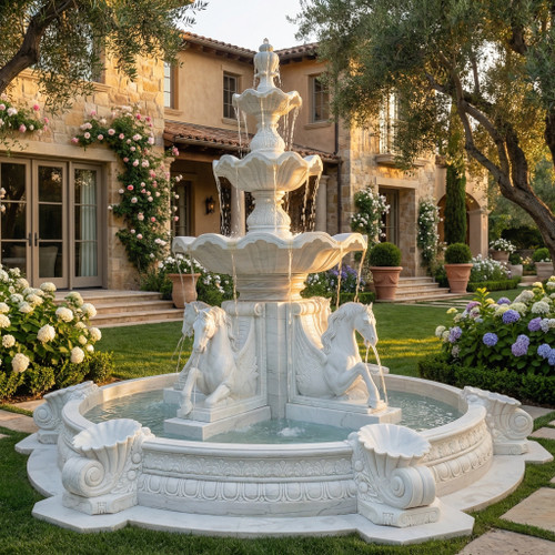 White Marble with Gray Accents Horse Fountain with Planters H118*D158 Inches  Ge21527