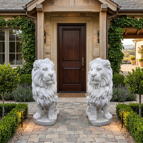 Pair White Marble Sitting Lions 47 Inches High