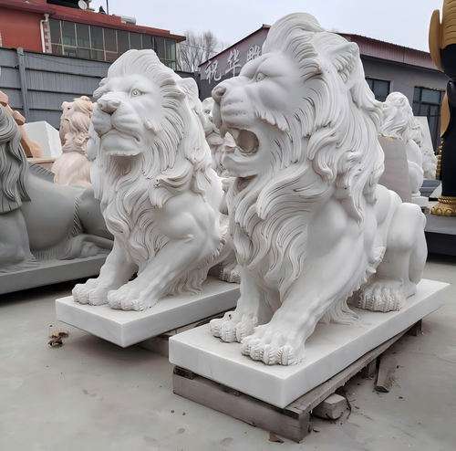 Pair White Marble Crouching Lions 34 Inches High GE21579