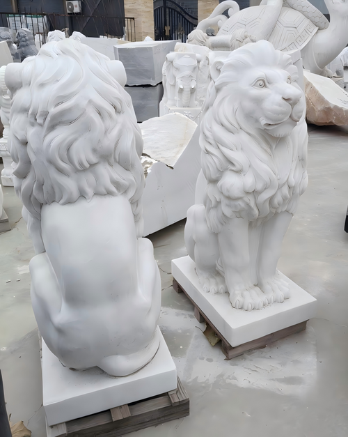 Pair White Marble Sitting Lions 45 Inches High